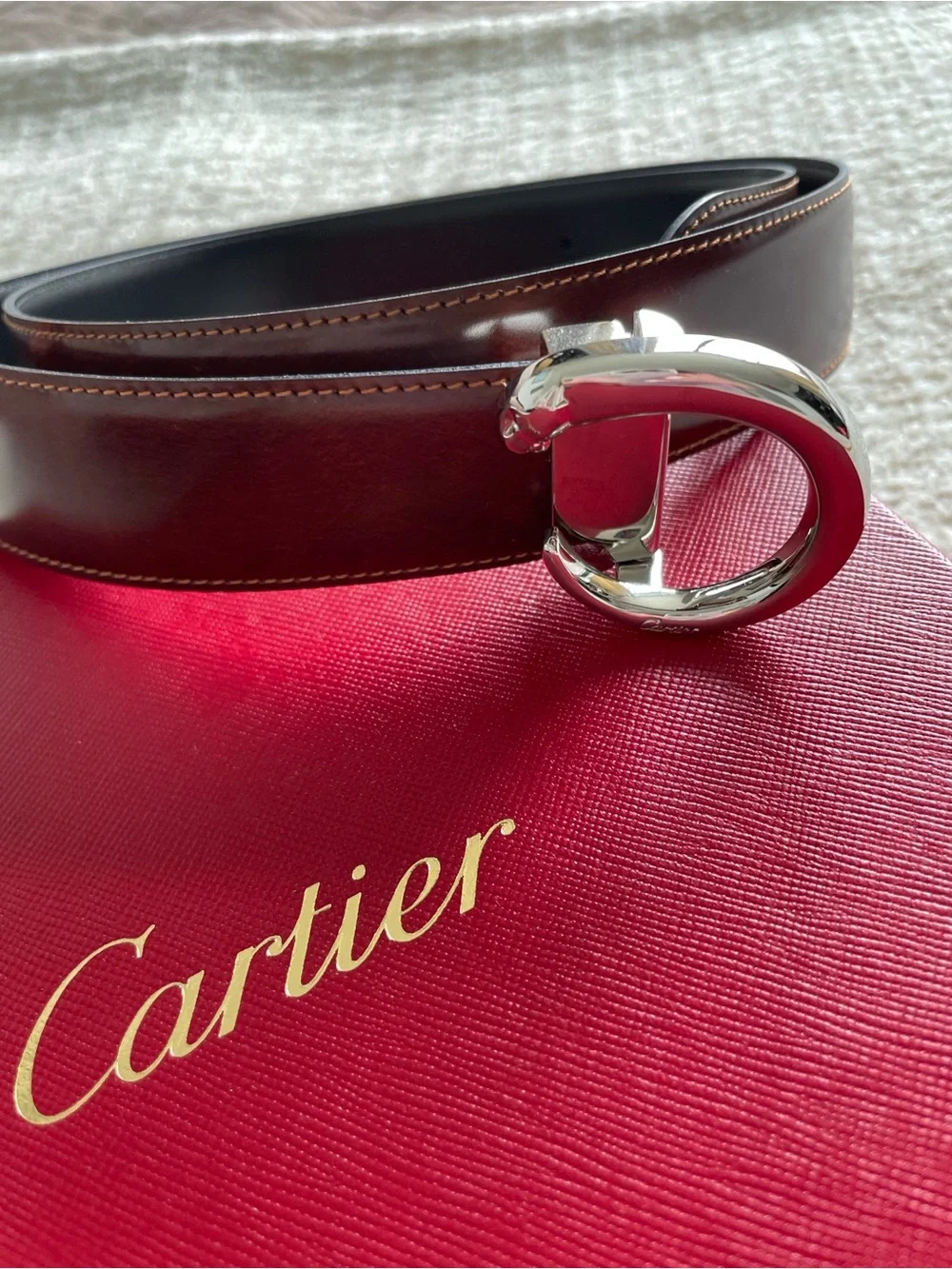 Cartier Men’s Brown Leather Belt with Silver Circular Buckle Authentic Vintage
